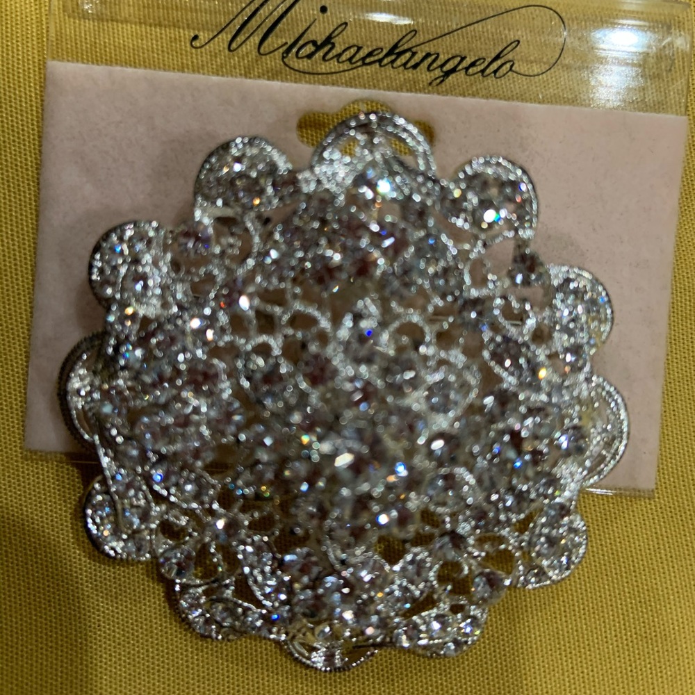 Michaelangelo Crystal Silver Brooch Pin. Prom Wedd